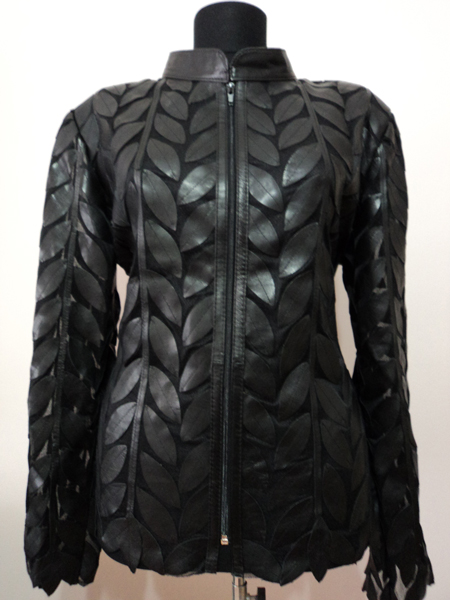 Black Leather Leaf Jacket for Women Design 04 Genuine Short Handmade Lightweight Meshed [ Click to See Photos ]