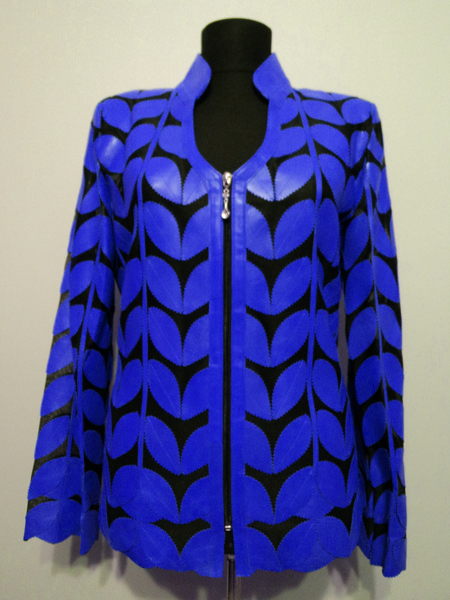 Blue Leather Leaf Jacket for Women V Neck Design 09 Genuine Short Zip Up Light Lightweight [ Click to See Photos ]