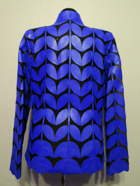 Blue Leather Leaf Jacket for Women V Neck Design 09 Genuine Short Zip Up Light Lightweight