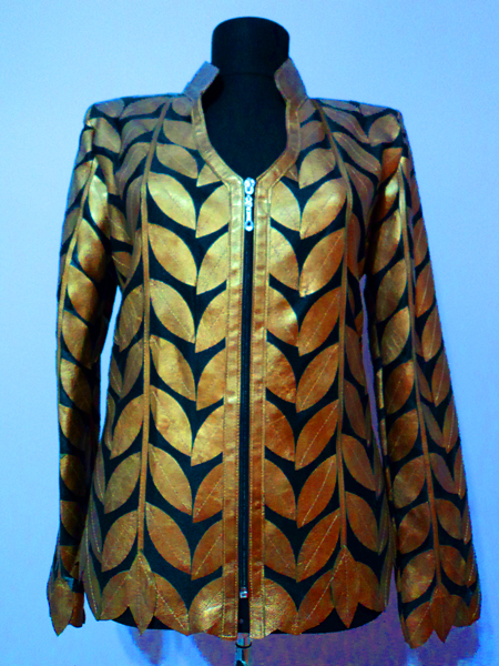 Gold Leather Leaf Jacket Women Design Genuine Short Zip Up Light Lightweight