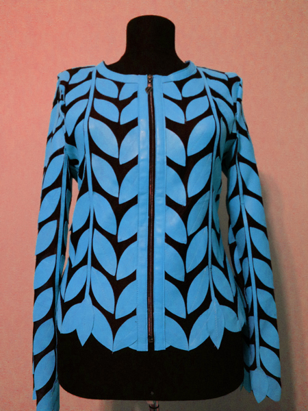 Light Blue Leather Leaf Jacket for Women Round Neck Design 11 Genuine Short Zip Up Light Lightweight [ Click to See Photos ]