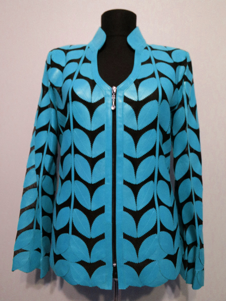 Light Blue Leather Leaf Jacket for Women V Neck Design 09 Genuine Short Zip Up Light Lightweight [ Click to See Photos ]