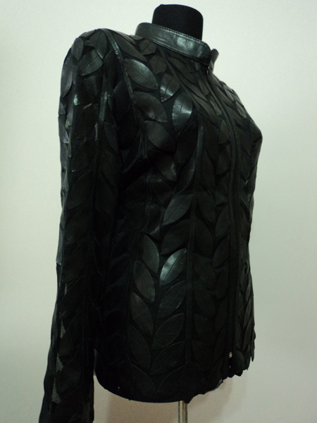 Plus Size Black Leather Leaf Jacket for Women Design 04 Genuine Short Zip Up Light Lightweight