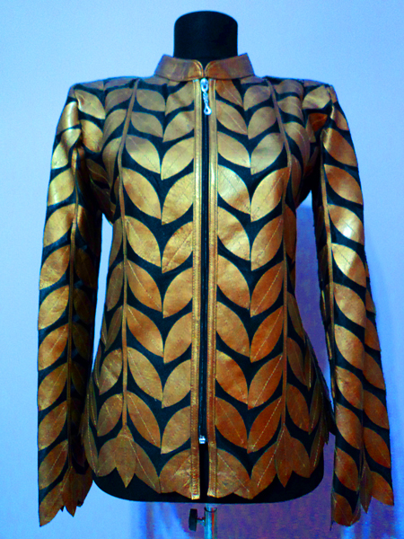 Plus Size Gold Leather Leaf Jacket for Women Design 04 Genuine Short Zip Up Light Lightweight [ Click to See Photos ]
