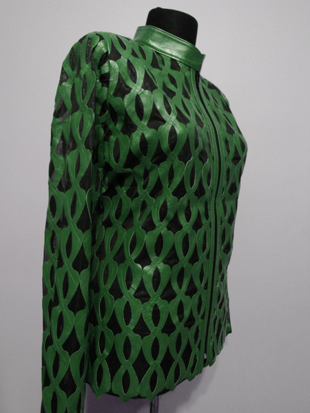 Plus Size Green Leather Leaf Jacket Women Design Genuine Short Zip Up Light Lightweight