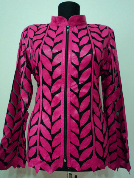 Plus Size Pink Leather Leaf Jacket for Women Design 04 Genuine Short Zip Up Light Lightweight [ Click to See Photos ]