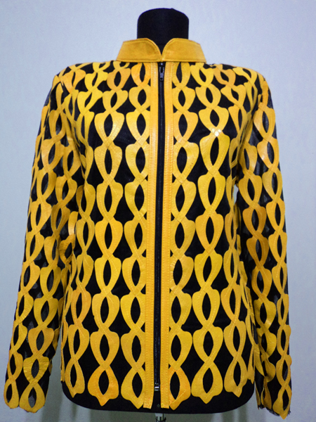 Plus Size Yellow Leather Leaf Jacket Women Design Genuine Short Zip Up Light Lightweight