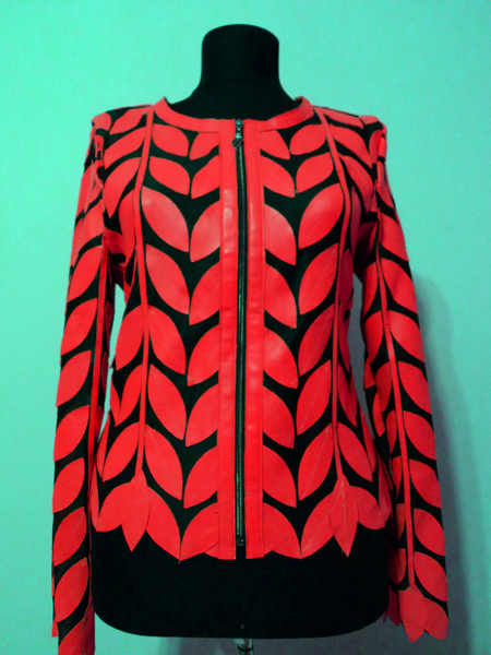 Red Leather Leaf Jacket for Women Round Neck Design 11 Genuine Short Zip Up Light Lightweight [ Click to See Photos ]