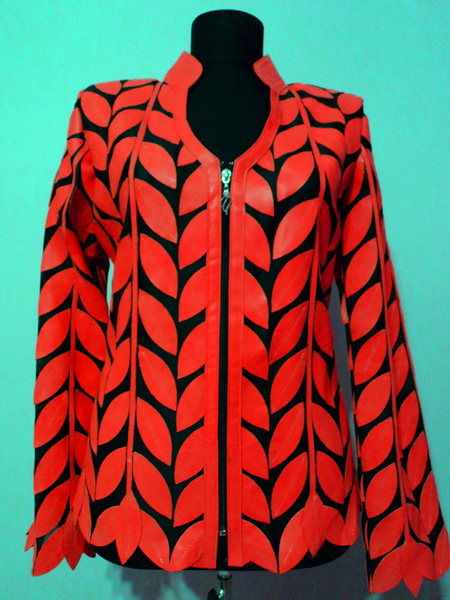 Red Leather Leaf Jacket for Women V Neck Design 08 Genuine Short Zip Up Light Lightweight [ Click to See Photos ]