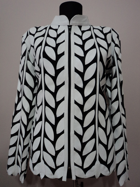 White Leather Leaf Jacket for Women Design 04 Genuine Short Zip Up Light Lightweight