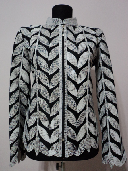 White snake Pattern Leather Leaf Jacket for Womens Design 04 Genuine Short Zip Up Light Lightweight