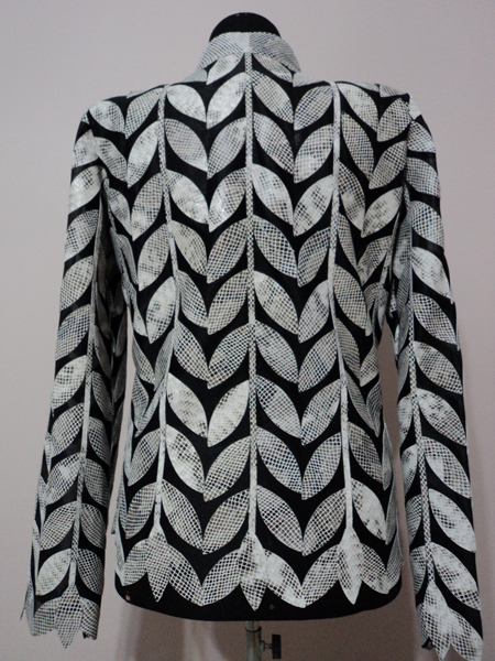 White Snake Pattern Leather Leaf Jacket for Women Design 04 Genuine Short Zip Up Light Lightweight
