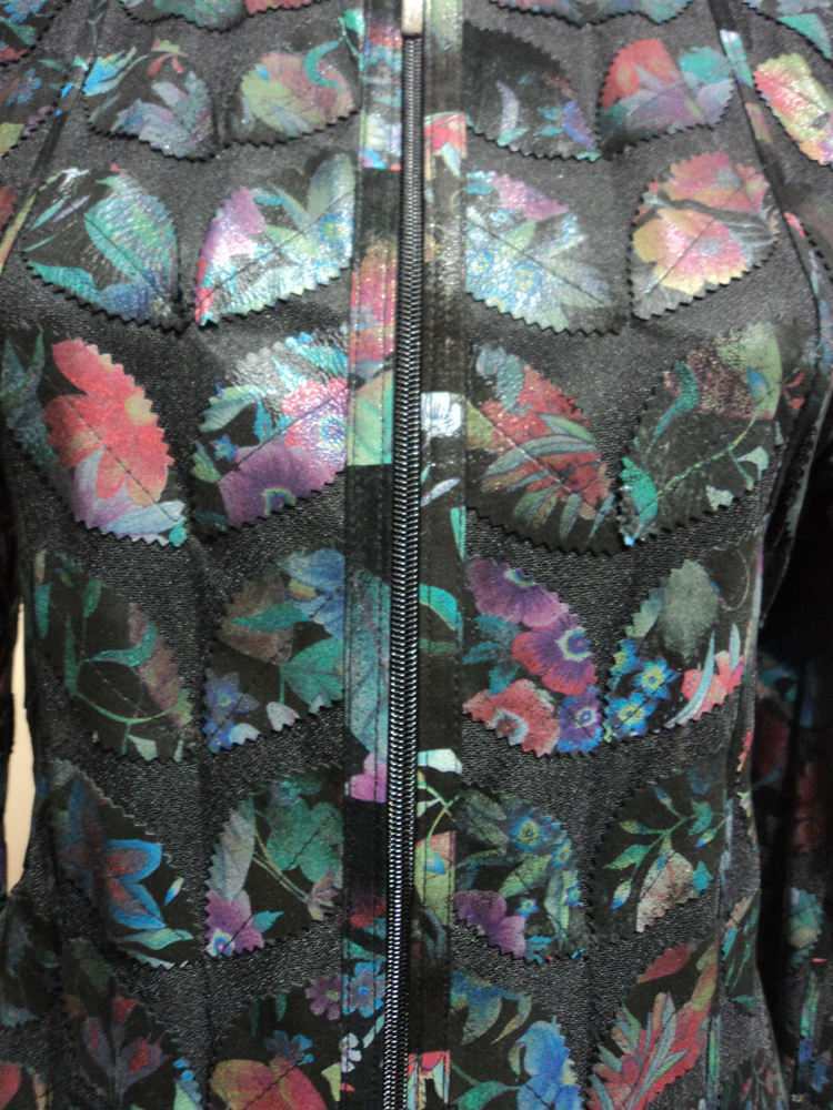 Womens Flower Pattern Black Leather Leaf Jacket
