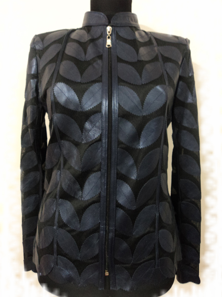 Navy Blue Leather Leaf Jacket for Women [ Click to See Photos ]