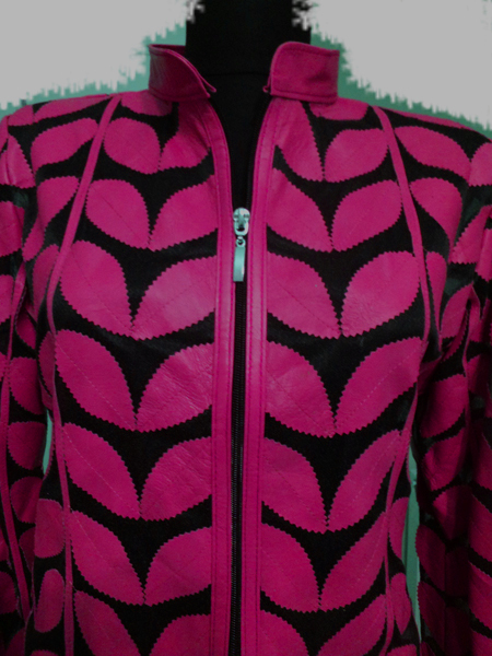 Plus Size Pink Leather Leaf Jacket for Women